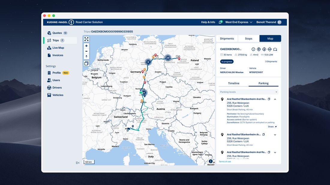 Kuehne+Nagel Road Carrier Solution, trip view with route map