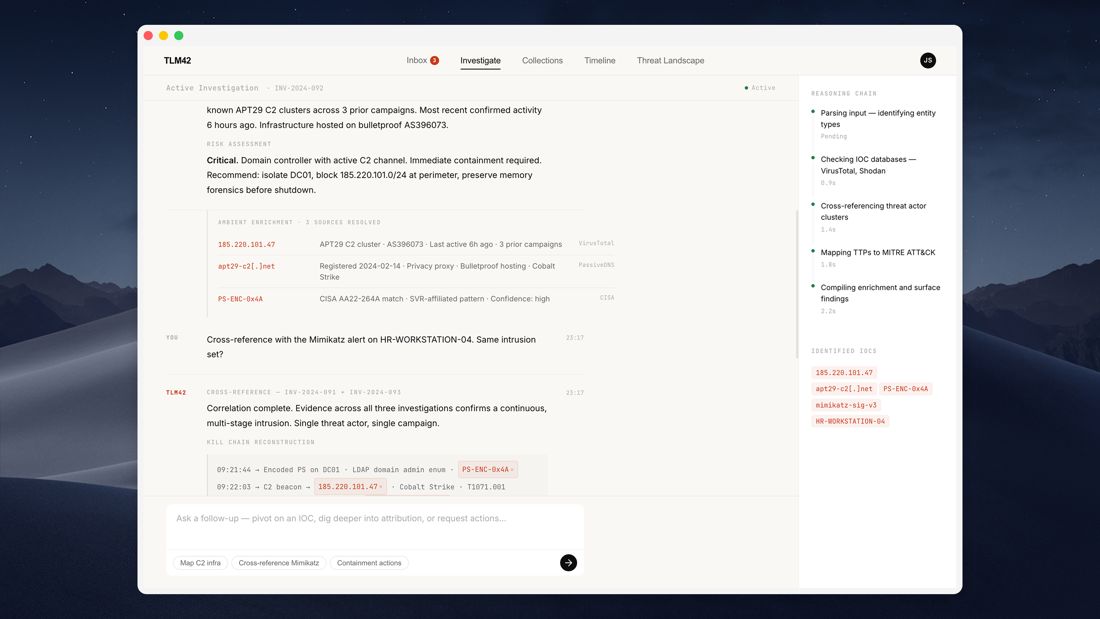TLM42, threat intelligence investigation workspace